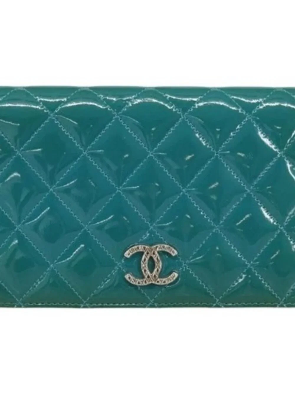 CHANEL Matelasse Long Wallet Patent leather Blue Silver CC Auth 153143